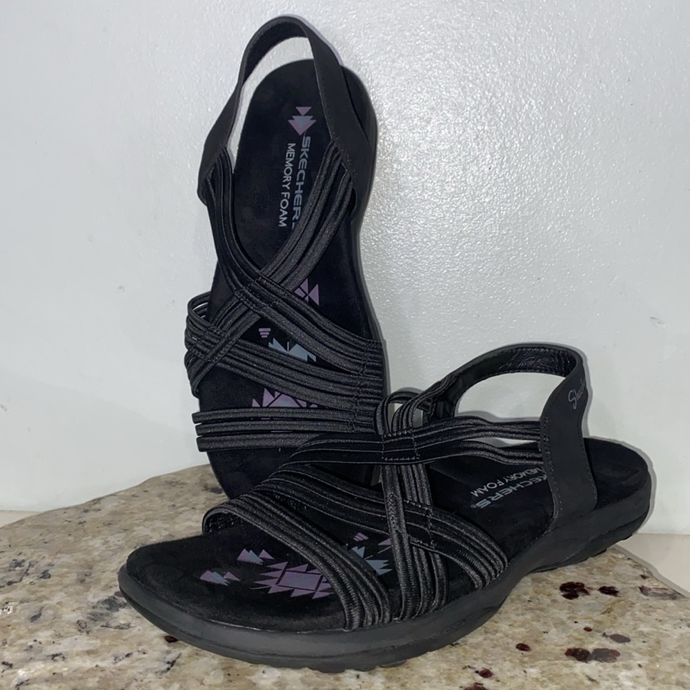 Skechers Reggae Slim Sunnyside Stretch Fit Woven Strap Black Sandals Women Sz 6 - Picture 16 of 16